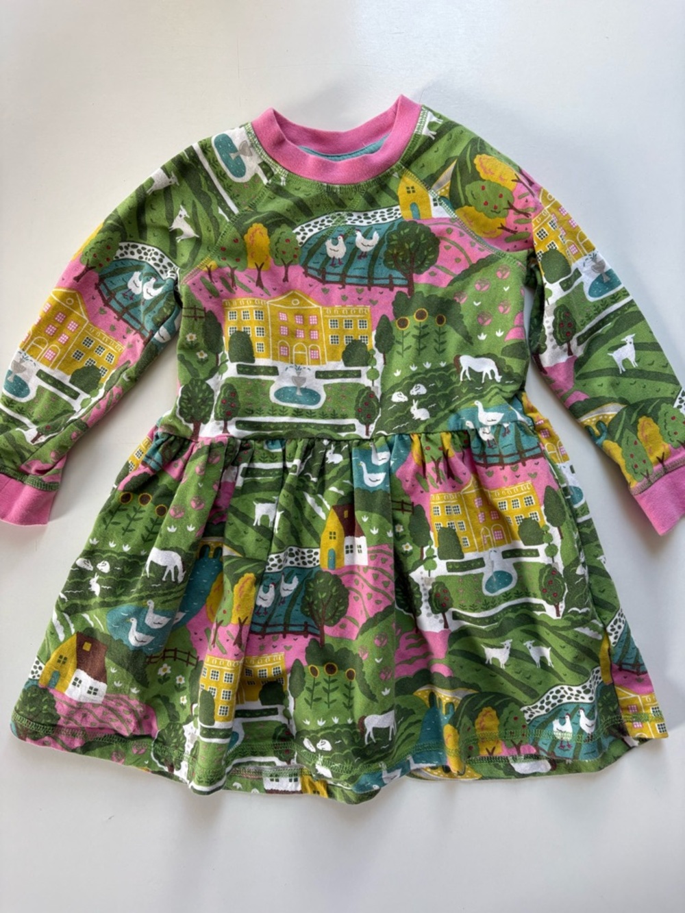 Mini Boden Green, Pink & Yellow Farm Scene Long-Sleeve Dress